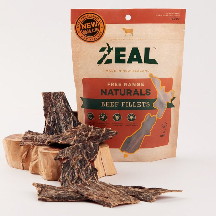Zeil Free Range Naturals Beef Fillets packaging with dried beef fillets on a white background