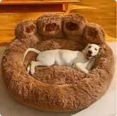 Diameter 90cm Brown Plush Dog Bed with Paw Design