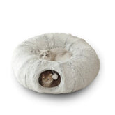 Grey Luxury Plush Cat Bed with Hidden Tunnel