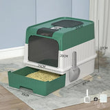 Large Enclosed Cat Litter Box with Drawer and Scoop - Green