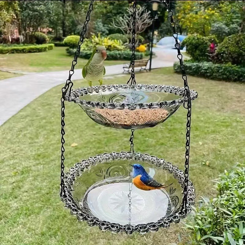 Double Tier Grey Elegant Hanging Glass Bird Feeder