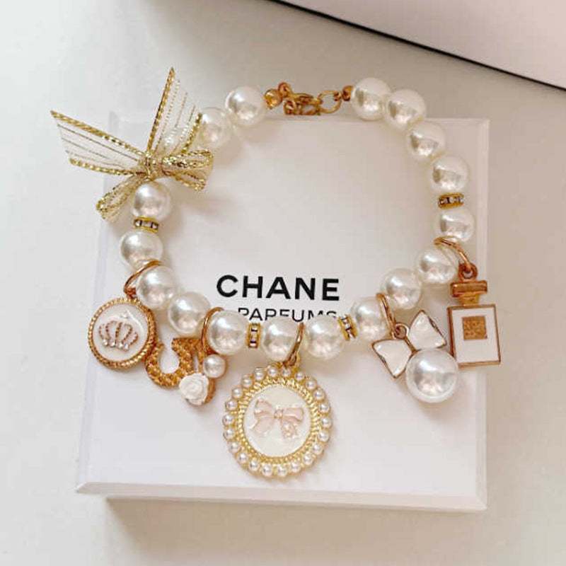 White 4-PCS Pearl Charm Pet Necklace - Adjustable Bowknot Collar for Small Dogs & Cats (L: 30+5CM)