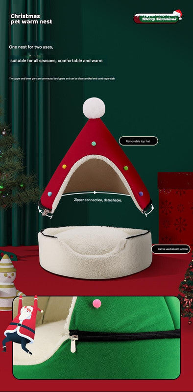 Festive Detachable Pet House - Cozy Pine Needle Wool Christmas Hat Design (S - 37x46cm)