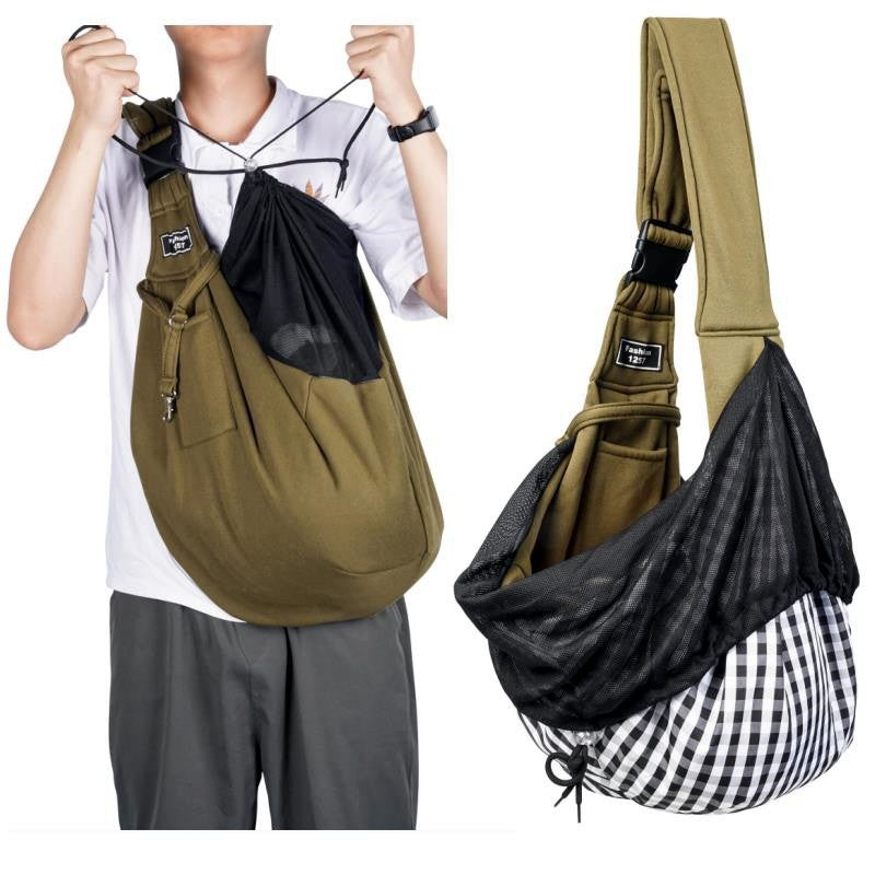 Green Breathable Pet Sling Carrier for Small Dogs & Cats - Adjustable Hands-Free Travel Pouch with Safety Leash & Pocket