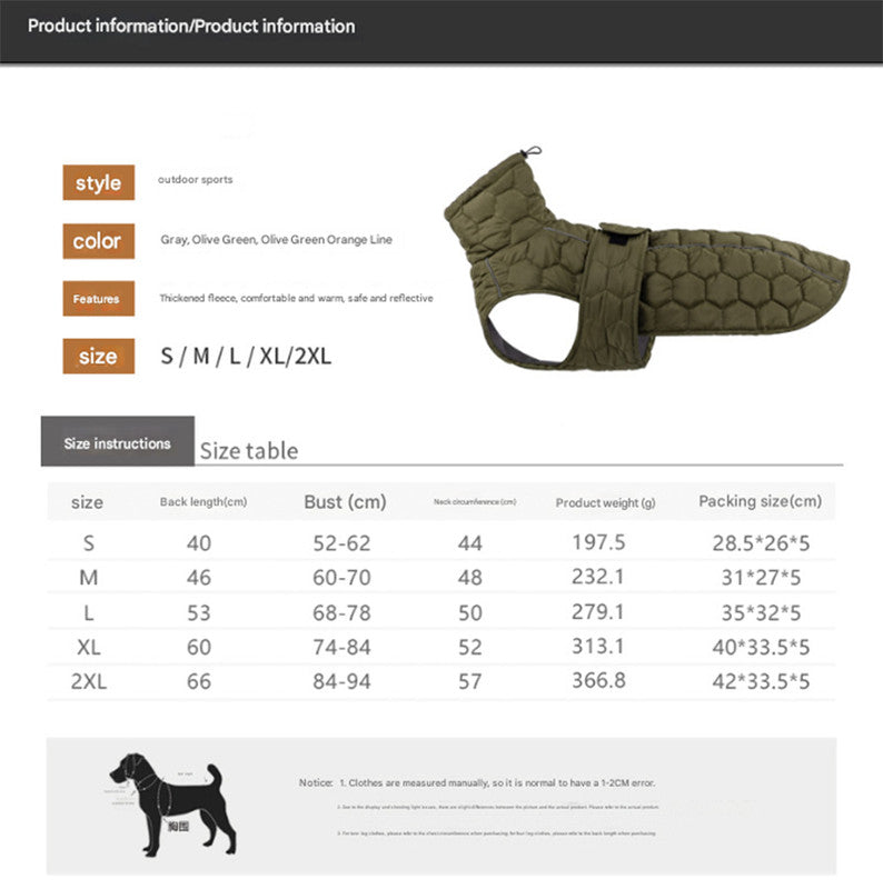 Olive Green Warm Quilted Dog Winter Coat - Medium