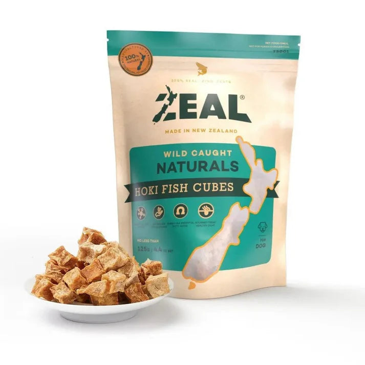 ZEAL Hoki Fish Cubes packaging with fish cubes on a white background