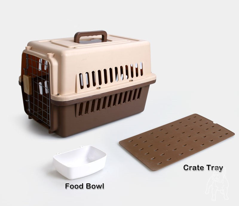 Small Airline Crate Pet Carrier With Bowl and Tray - Brown
