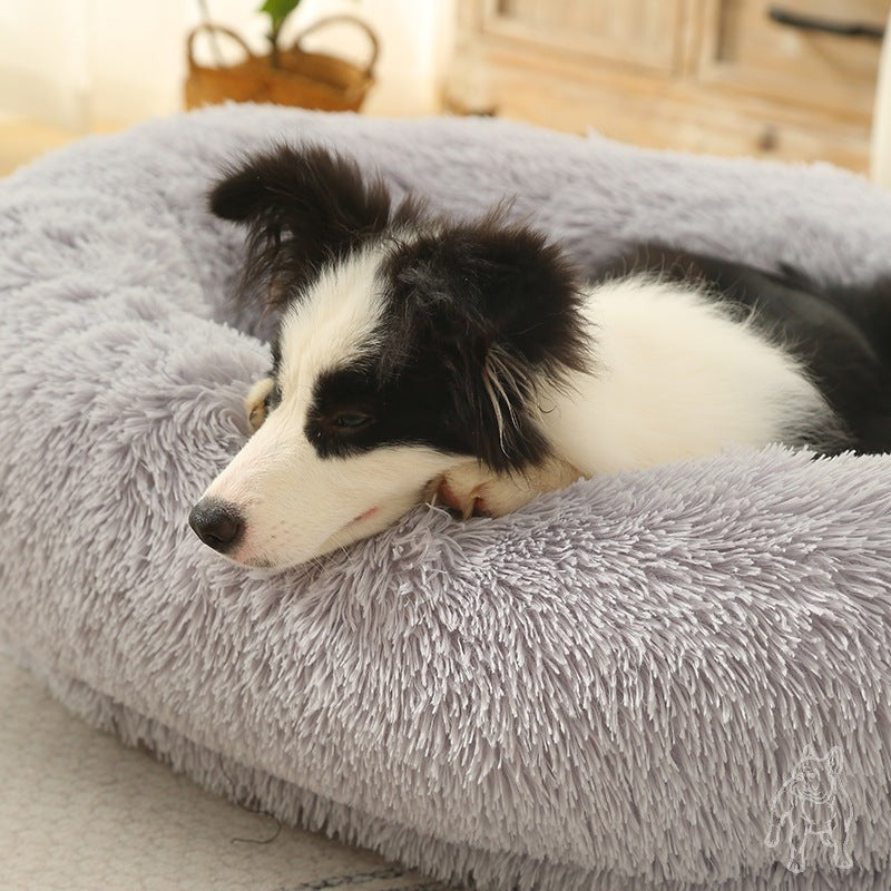 Fluffy Donut-Shaped Pet Bed - Light Gray