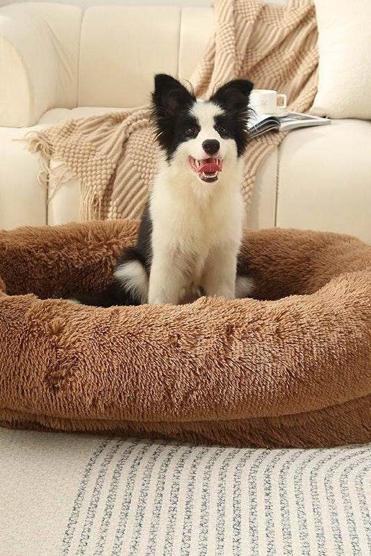 Fluffy Donut-Shaped Pet Bed - Khaki