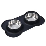 Non-Slip Stainless Steel Double Pet Bowl Set with Spill-Resistant Silicone Mat - Black