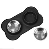 Non-Slip Stainless Steel Double Pet Bowl Set with Spill-Resistant Silicone Mat - Black