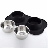 Non-Slip Stainless Steel Double Pet Bowl Set with Spill-Resistant Silicone Mat - Black