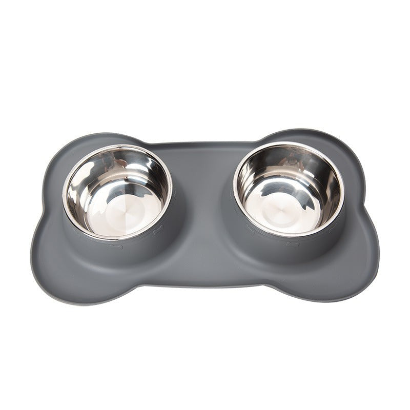 Non-Slip Stainless Steel Double Pet Bowl Set with Spill-Resistant Silicone Mat - Grey
