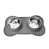 Non-Slip Stainless Steel Double Pet Bowl Set with Spill-Resistant Silicone Mat - Grey