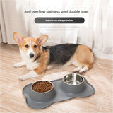 Non-Slip Stainless Steel Double Pet Bowl Set with Spill-Resistant Silicone Mat - Grey