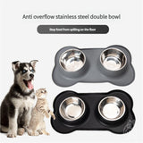 Non-Slip Stainless Steel Double Pet Bowl Set with Spill-Resistant Silicone Mat - Grey