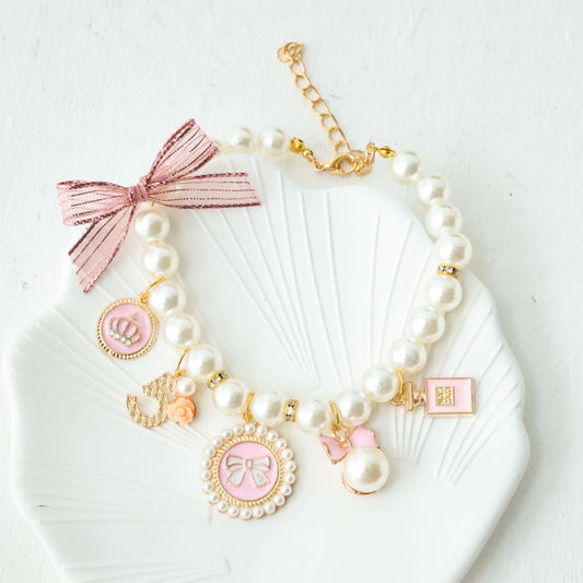 Pink 4-PCS Pearl Charm Pet Necklace - Adjustable Bowknot Collar for Small Dogs & Cats (M: 25+5CM)