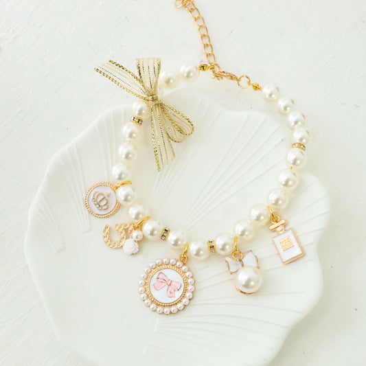 White 4-PCS Pearl Charm Pet Necklace - Adjustable Bowknot Collar for Small Dogs & Cats (L: 30+5CM)